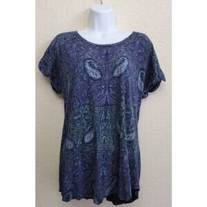 Lucky Brand Blue Purple Paisley Print Round Neck Top Large Lightweight Soft